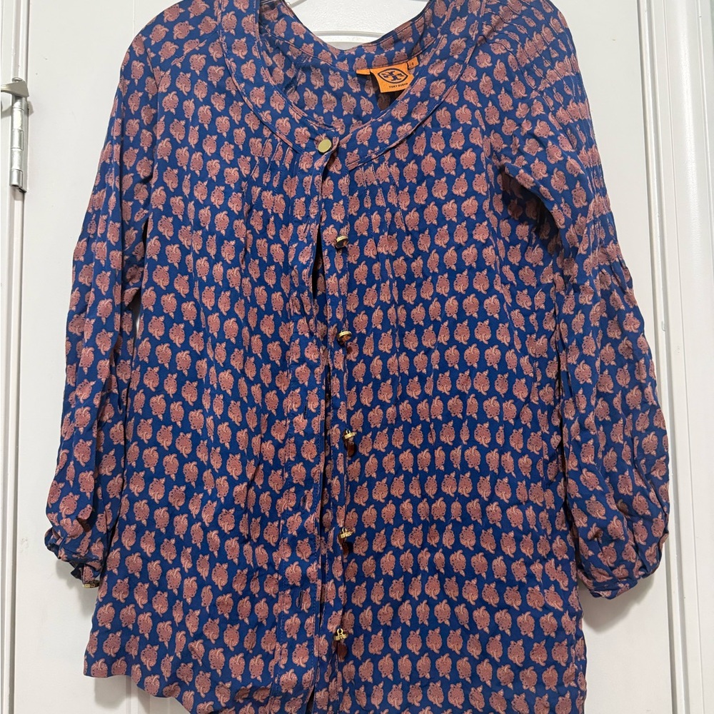 Tory Burch Blue and Tan Patterned Top